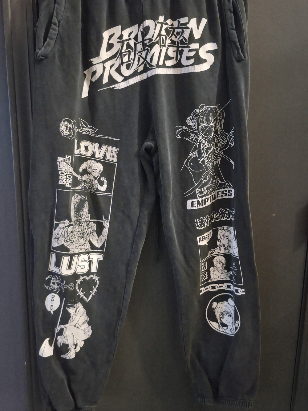 Black Graphic Jogger Sweatpants with White Anime Prints
